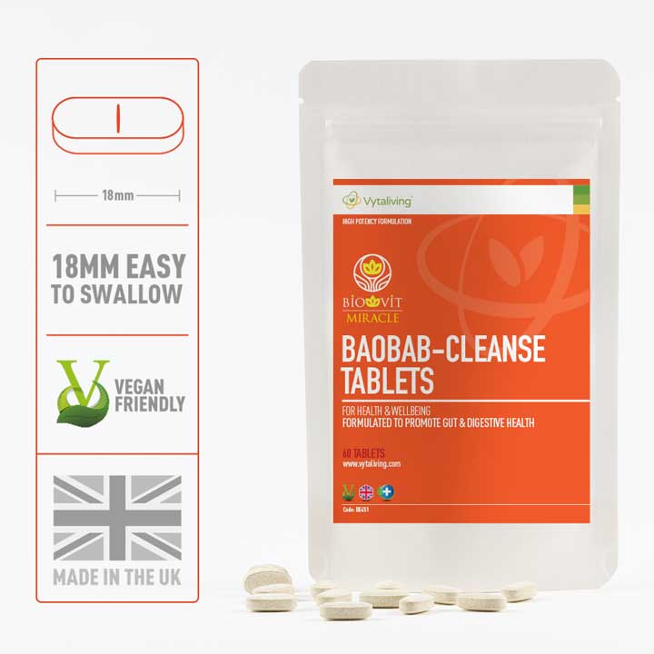 Baobab Cleanse Tablets in White Pouch with Orange Label. With prebiotic Baobab, giner, rhubarb, gymnema