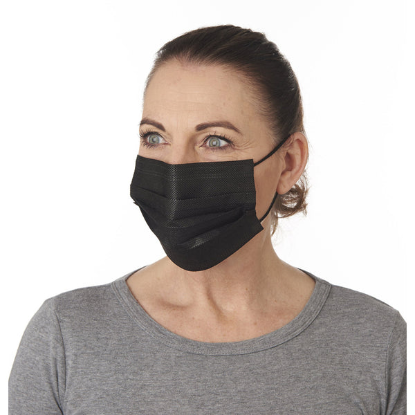 Personal Protective Equipment Black Disposable Face Mask on Female Model. Side view