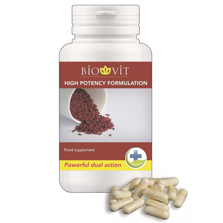 Cholesterol Buster Capsules in White stand bottle. With Monacolin K for cholesterol reduction