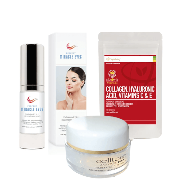 Anti-ageing Skin Bundle with perfect miracle eyes hyaluronic acid serum, snail serum and skin supplements with collagen, hyaluronic acid, vitamins C & E Tablets 