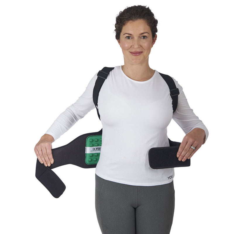 Bioposture Biofeedbac back corrector posture alignment on female model side view open