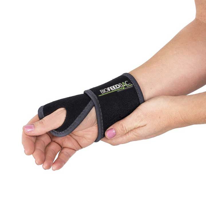 Biofeedbac wrist support in use on wrist