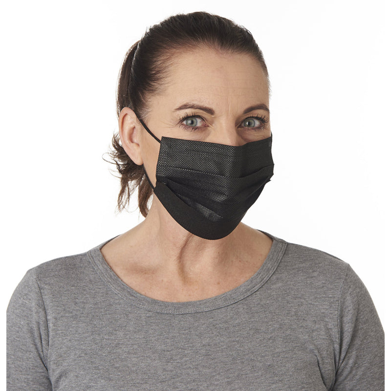 Personal Protective Equipment Black Disposable Face Mask on Female Model