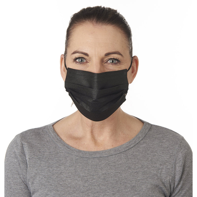 Personal Protective Equipment Black Disposable Face Mask on Female Model, Front View