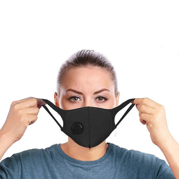 Black breathable reusable vented mask female model front view