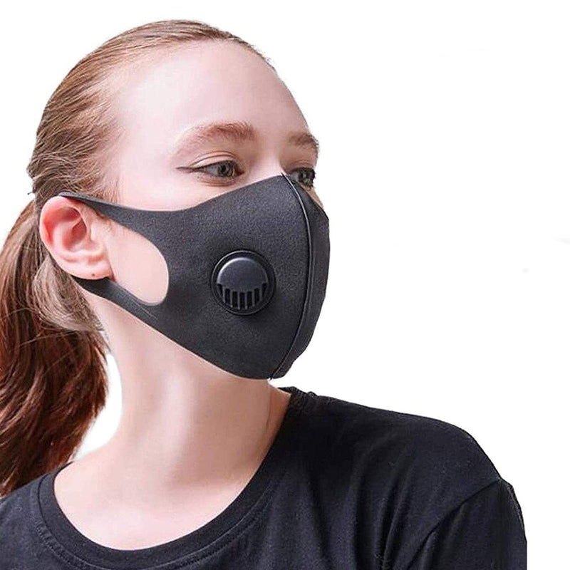 Black breathable reusable vented mask, female model side view