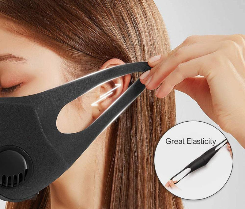 Black breathable reusable vented mask with elastic ear loops