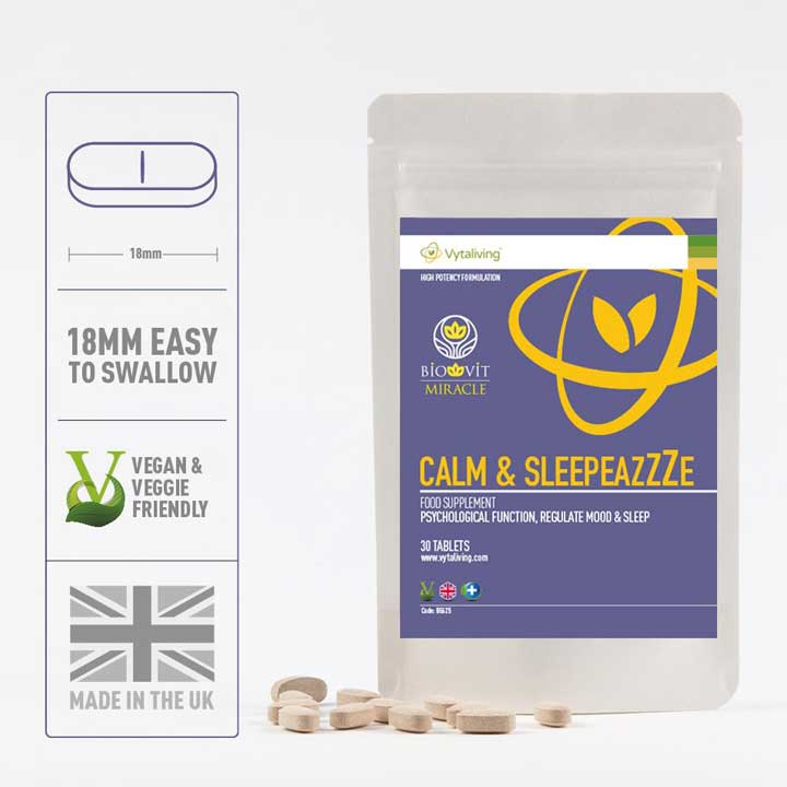 Biovit Calm and Sleepeazzze tablets,with chamomile, vitamin B6, lavender Lemon balm, 5-HTP and Magnesium