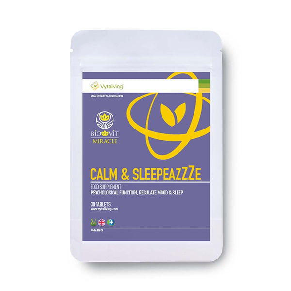 Biovit Calm and Sleepeazzze tablets, herbal supplement for better mood and sleep. A sleep aid with chamomile, vitamin B6 and Magnesium