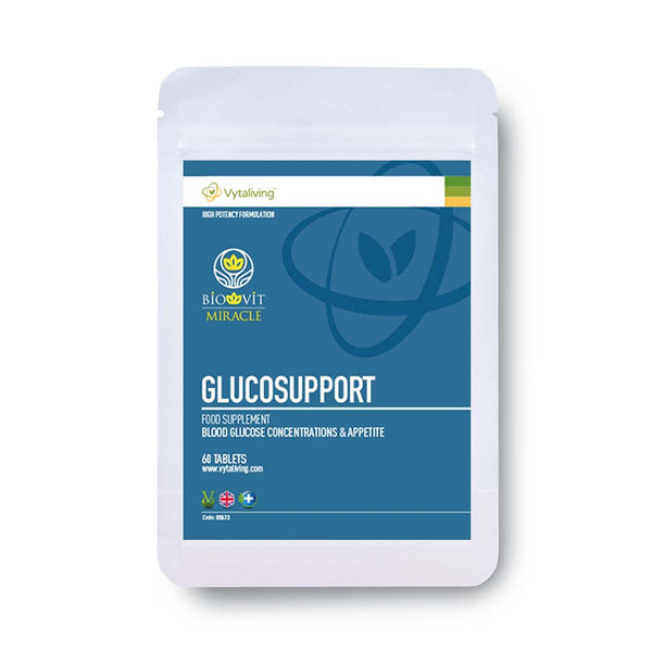 Biovit Glucosupport tablets for healthy blood glucopse concentrations and appetite control. With cinnamon, chromium, zinc. moringa and elderberry