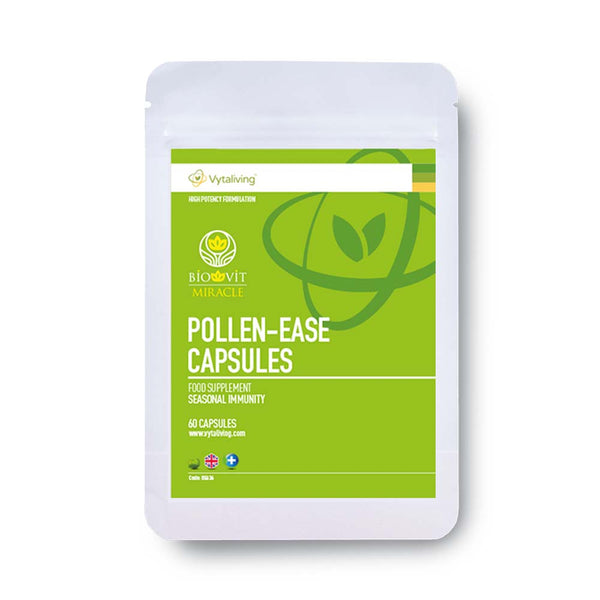 Pollenease Capsules for natural hayfever relief and seasonal immunity. With Quercetin and Vitamin C and A