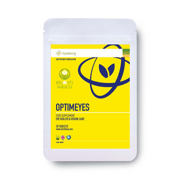 Biovit Optimeyes tablets for eye health and vision care.  With lutein, zeaxanthin, mesozeaxanthin and eyebright. 