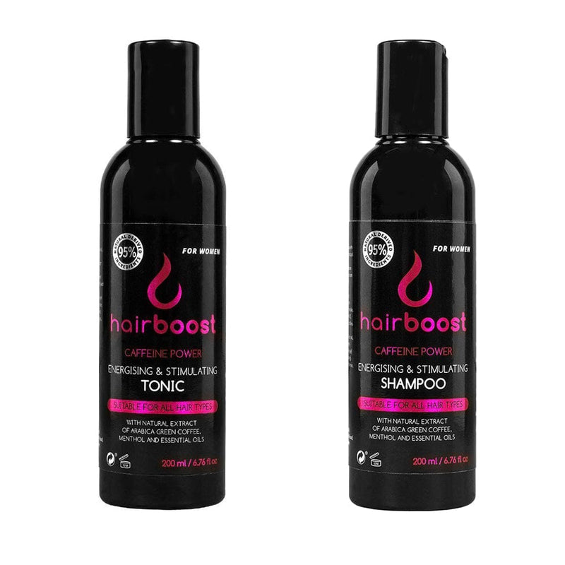Female Hair Health Bundle with Hairboost caffeine shampoo and conditioner for women. 