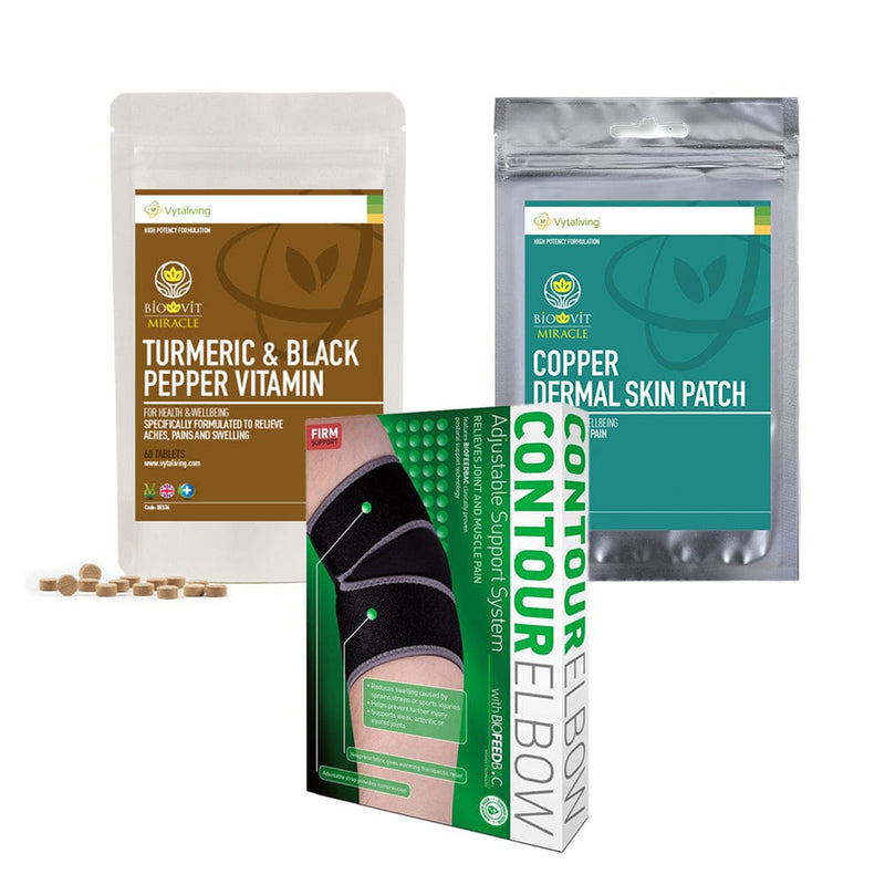 Elbow Joint Health Bundle with copper dermal patch, turmeric and black pepper tablets and biofeedbac contour elbow support for elbow injuries.