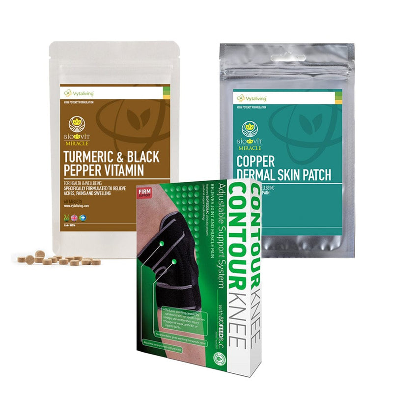 Joint Health knee bundle from Vytaliving. Including Copper dermal patch, turmeric and black pepper tablets and a contour knee support